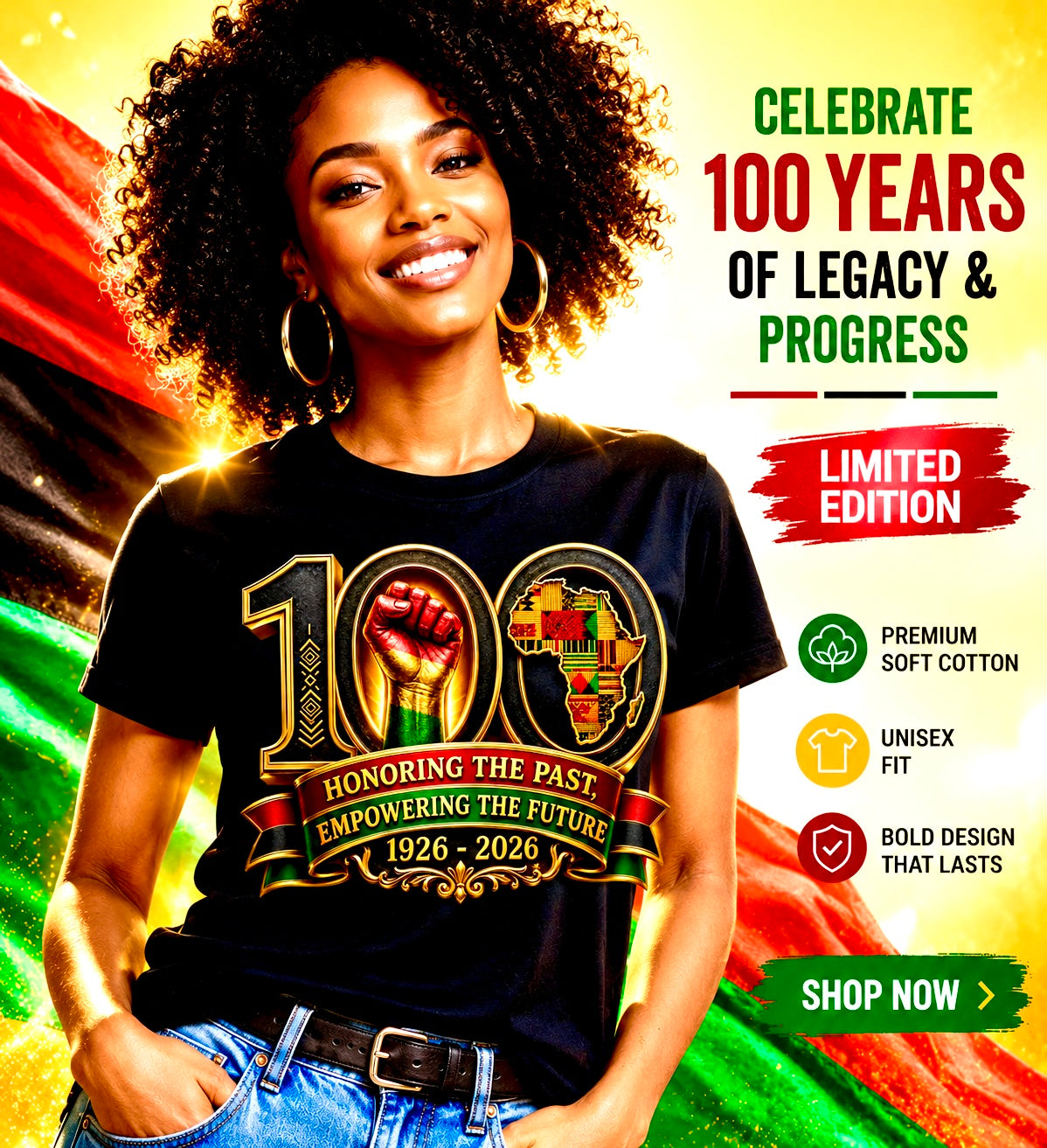  A black t-shirt with a celebratory design for 100 years of legacy and progress, set against a colorful background.