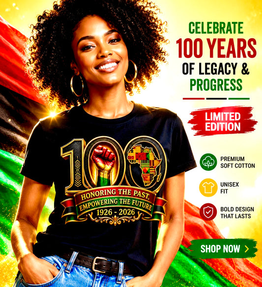  A black t-shirt with a celebratory design for 100 years of legacy and progress, set against a colorful background.